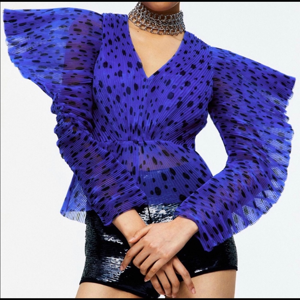 H&M Royal Blue Pleated Polka Dot V-Neck Blouse